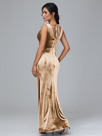 V Neck Velvet Bridesmaid Dress With Slit