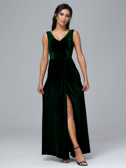 V Neck Velvet Bridesmaid Dress With Slit