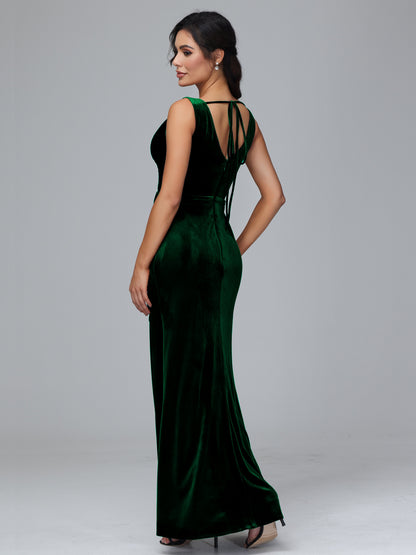 V Neck Velvet Bridesmaid Dress With Slit