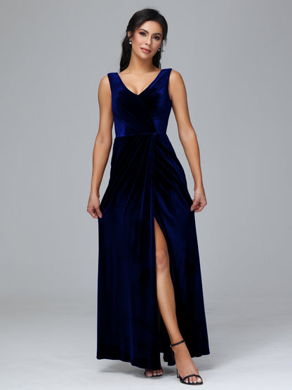 V Neck Velvet Bridesmaid Dress With Slit