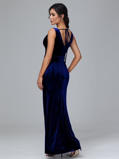 V Neck Velvet Bridesmaid Dress With Slit