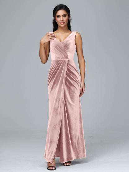 V Neck Velvet Bridesmaid Dress With Slit