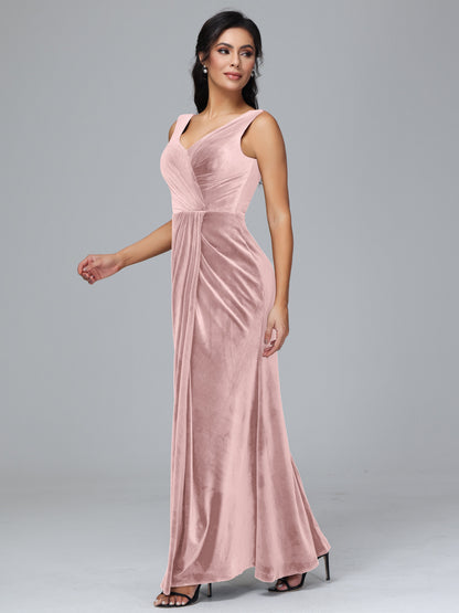 V Neck Velvet Bridesmaid Dress With Slit