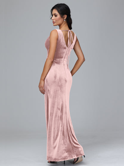 V Neck Velvet Bridesmaid Dress With Slit