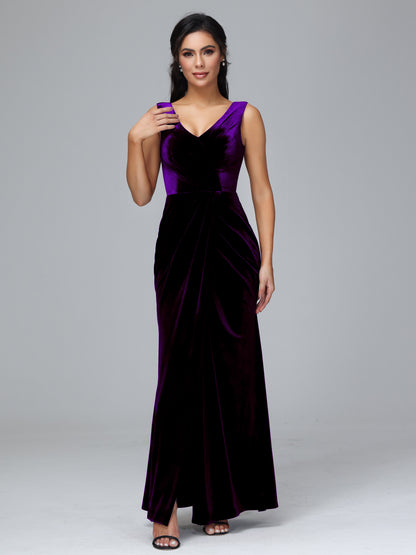 V Neck Velvet Bridesmaid Dress With Slit