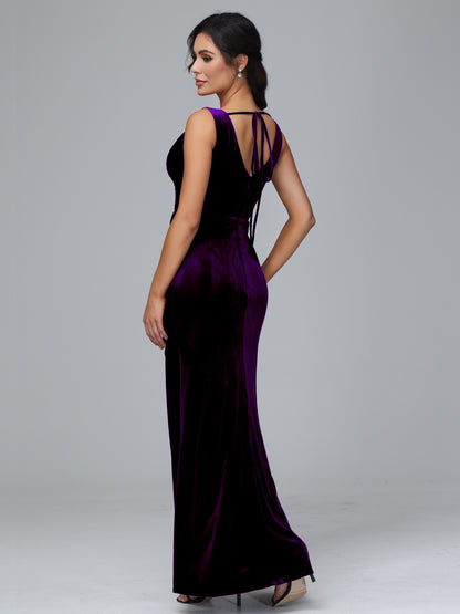V Neck Velvet Bridesmaid Dress With Slit