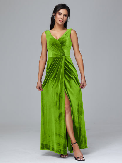V Neck Velvet Bridesmaid Dress With Slit