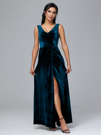 V Neck Velvet Bridesmaid Dress With Slit