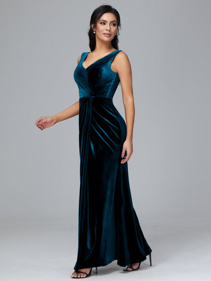 V Neck Velvet Bridesmaid Dress With Slit