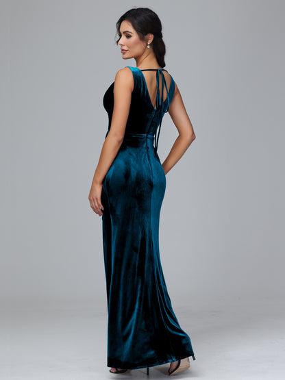 V Neck Velvet Bridesmaid Dress With Slit