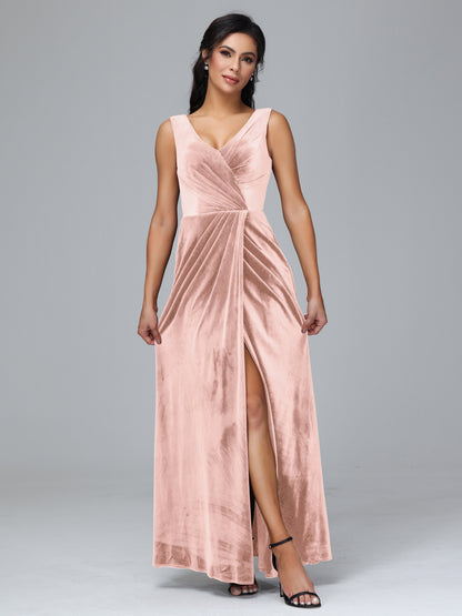 V Neck Velvet Bridesmaid Dress With Slit