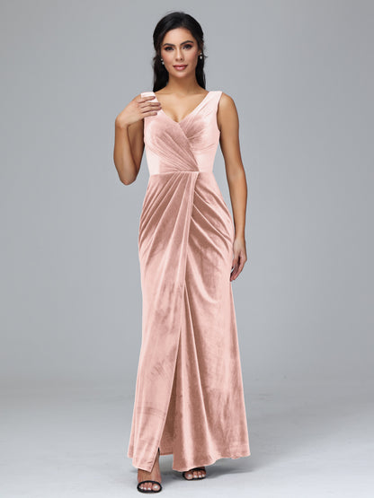 V Neck Velvet Bridesmaid Dress With Slit