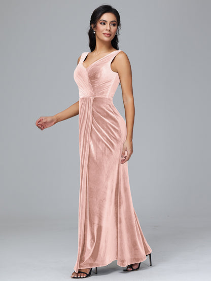 V Neck Velvet Bridesmaid Dress With Slit