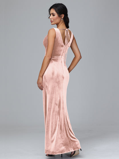 V Neck Velvet Bridesmaid Dress With Slit
