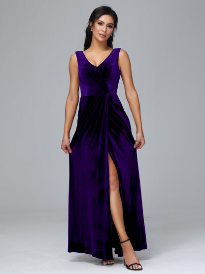 V Neck Velvet Bridesmaid Dress With Slit