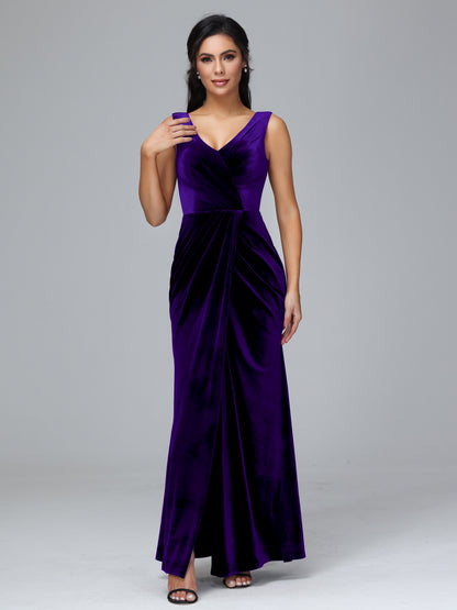 V Neck Velvet Bridesmaid Dress With Slit