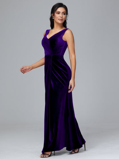 V Neck Velvet Bridesmaid Dress With Slit