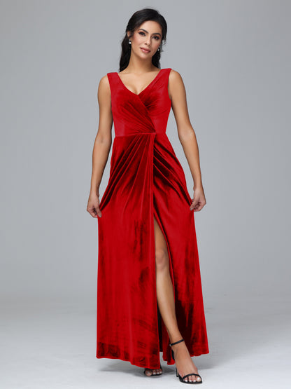 V Neck Velvet Bridesmaid Dress With Slit