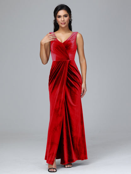 V Neck Velvet Bridesmaid Dress With Slit