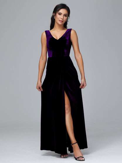 V Neck Velvet Bridesmaid Dress With Slit