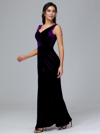 V Neck Velvet Bridesmaid Dress With Slit