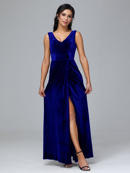 V Neck Velvet Bridesmaid Dress With Slit