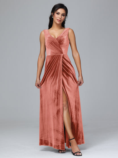 V Neck Velvet Bridesmaid Dress With Slit