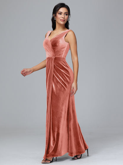 V Neck Velvet Bridesmaid Dress With Slit