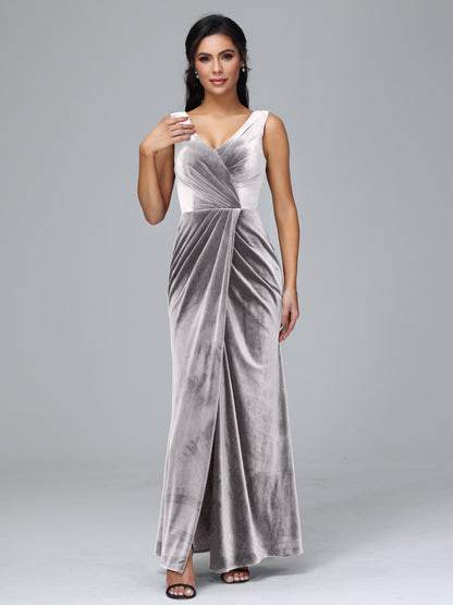 V Neck Velvet Bridesmaid Dress With Slit