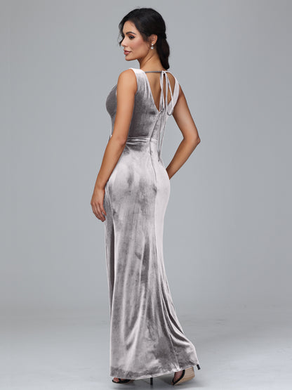 V Neck Velvet Bridesmaid Dress With Slit