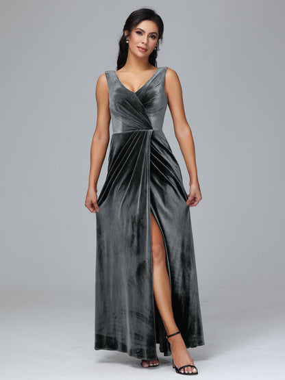 V Neck Velvet Bridesmaid Dress With Slit