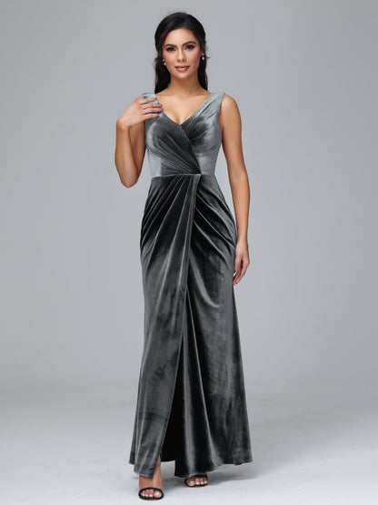 V Neck Velvet Bridesmaid Dress With Slit