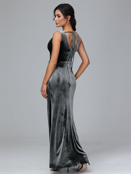 V Neck Velvet Bridesmaid Dress With Slit