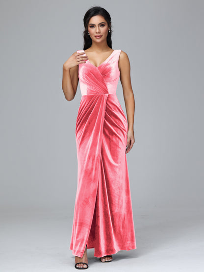 V Neck Velvet Bridesmaid Dress With Slit