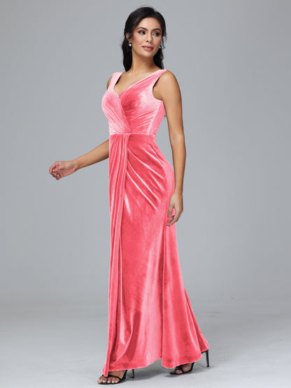 V Neck Velvet Bridesmaid Dress With Slit