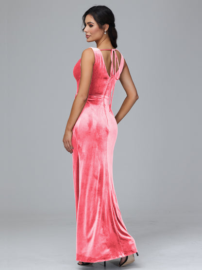 V Neck Velvet Bridesmaid Dress With Slit