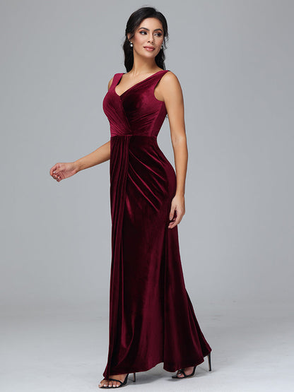 V Neck Velvet Bridesmaid Dress With Slit