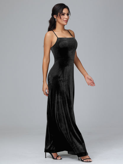 Spaghetti Straps Velvet Bridesmaid Dress With Slit