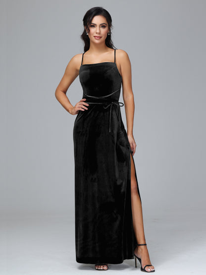 Spaghetti Straps Velvet Bridesmaid Dress With Slit