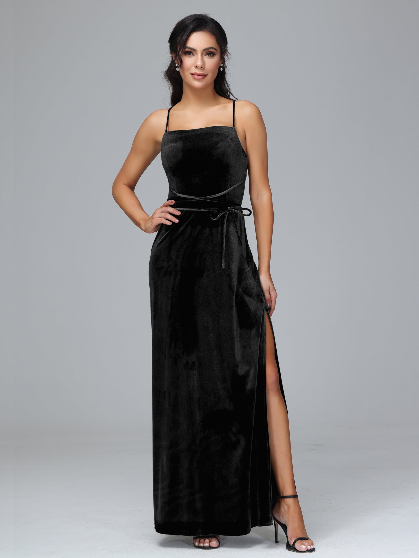 Spaghetti Straps Plus Size Velvet Bridesmaid Dress With Slit
