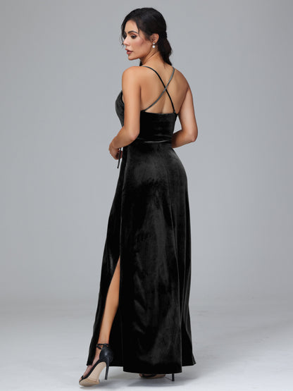 Spaghetti Straps Velvet Bridesmaid Dress With Slit