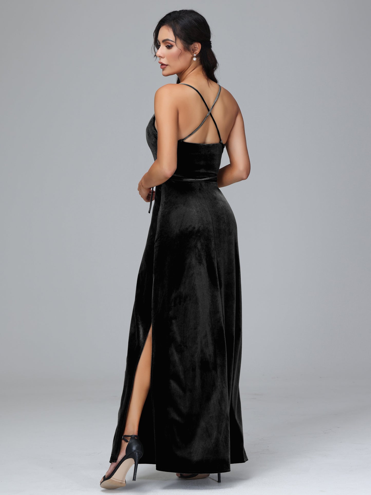 Spaghetti Straps Plus Size Velvet Bridesmaid Dress With Slit