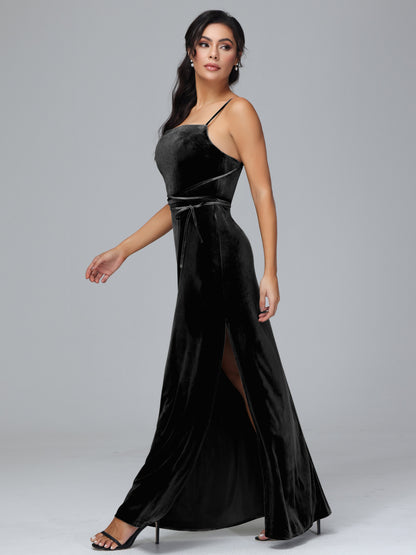 Spaghetti Straps Velvet Bridesmaid Dress With Slit