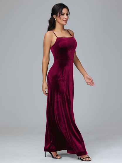 Spaghetti Straps Plus Size Velvet Bridesmaid Dress With Slit