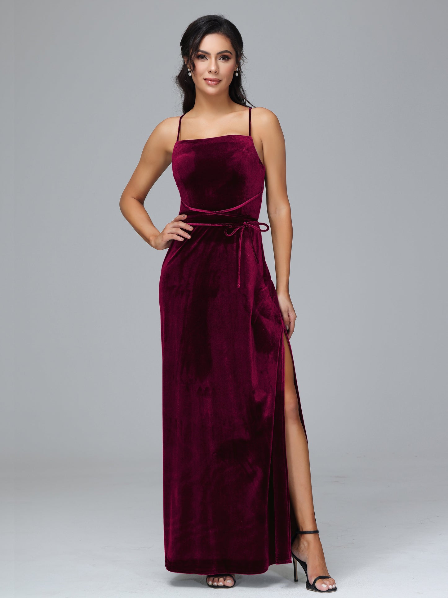 Spaghetti Straps Velvet Bridesmaid Dress With Slit