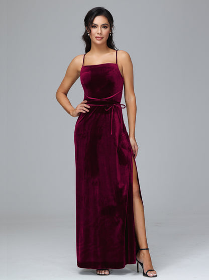 Spaghetti Straps Velvet Bridesmaid Dress With Slit