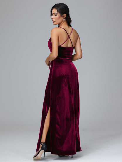 Spaghetti Straps Velvet Bridesmaid Dress With Slit
