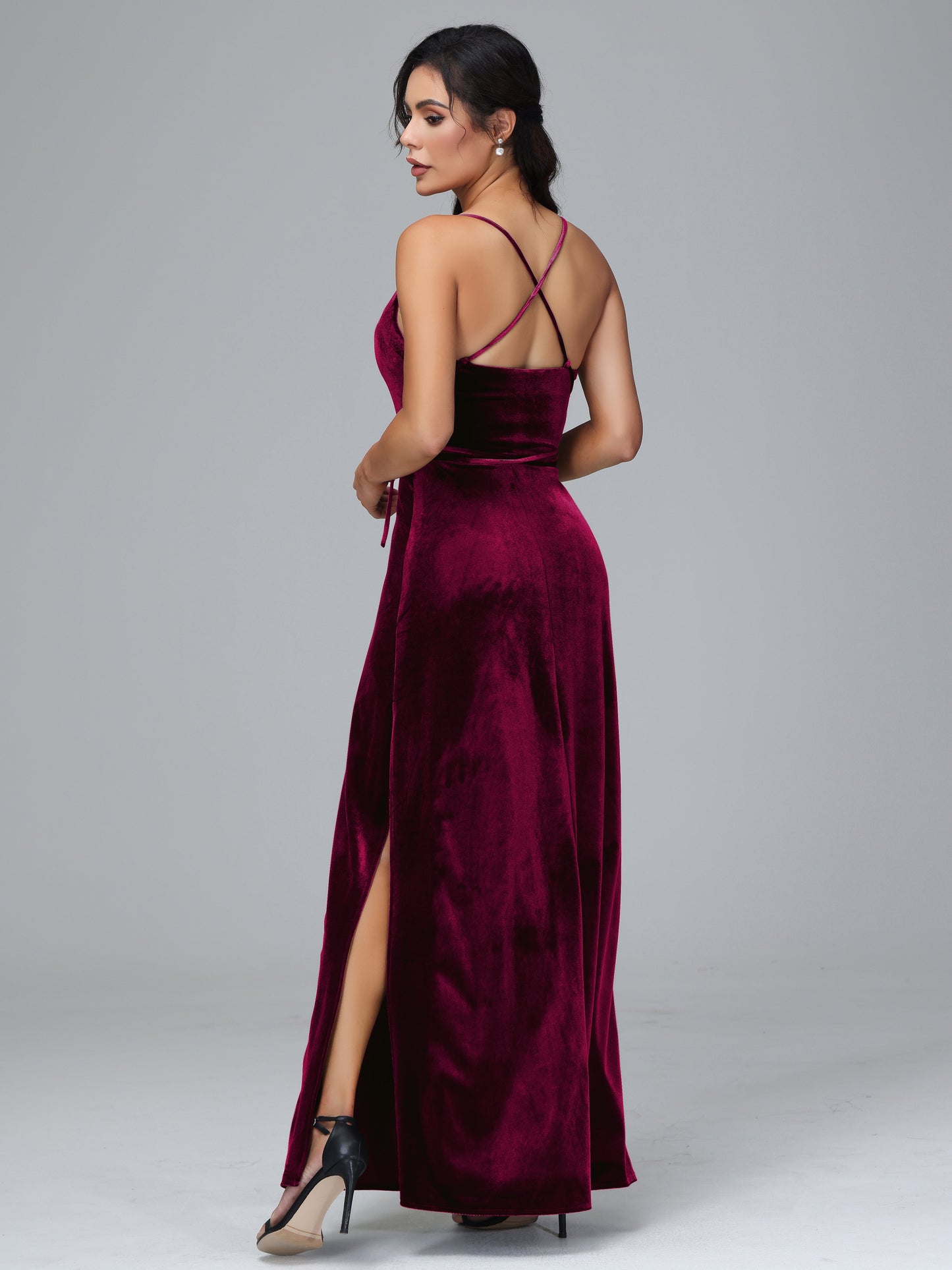 Spaghetti Straps Plus Size Velvet Bridesmaid Dress With Slit