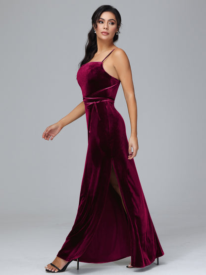 Spaghetti Straps Plus Size Velvet Bridesmaid Dress With Slit