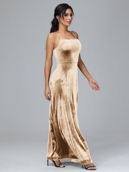 Spaghetti Straps Plus Size Velvet Bridesmaid Dress With Slit